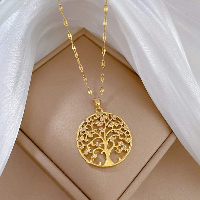 Fashion Round Tree Titanium Steel Copper Plating Hollow Out Inlay Zircon Pendant Necklace
