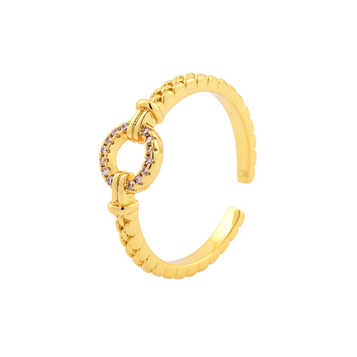 Schlichter offener Ring mit runden Linien, Kupferbeschichtung und Zirkoneinlage, 18 Karat vergoldet