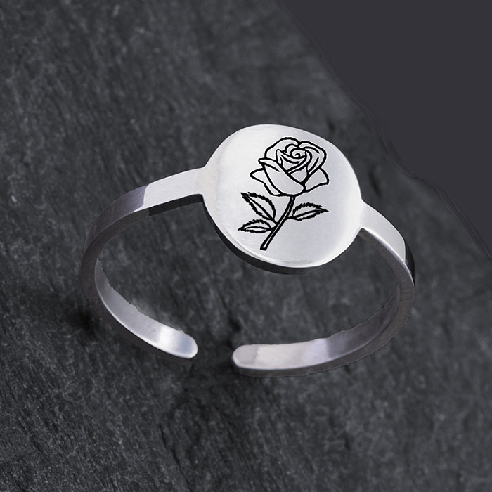 Casual Hip-Hop Punk Flower Stainless Steel Carving Open Rings