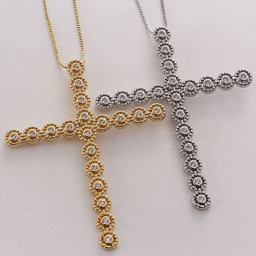Simple Style Cross Copper Zircon Pendant Necklace In Bulk