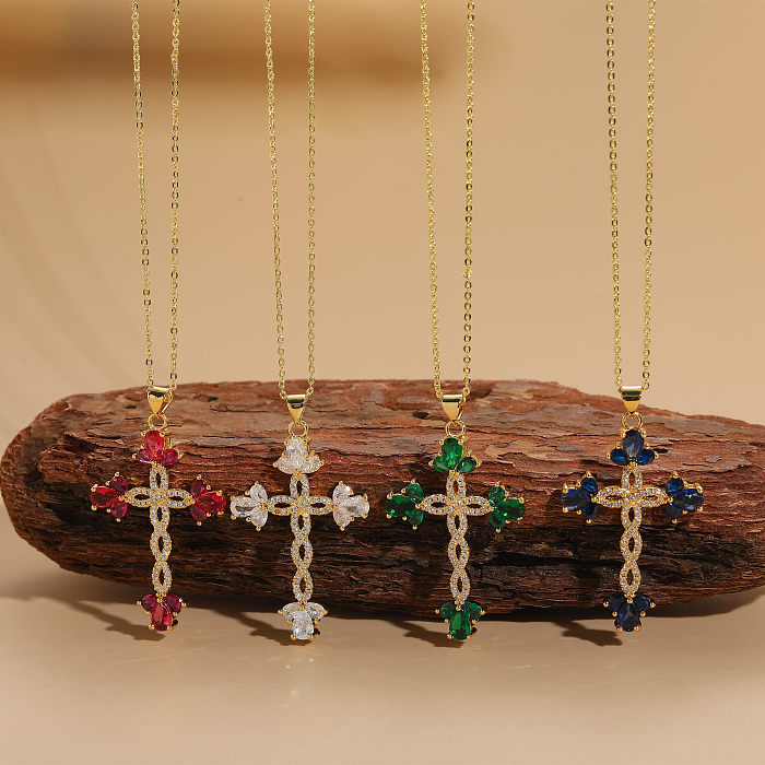 Luxuriöse, klassische Kreuz-Kupfer-Halskette mit 14 Karat vergoldetem Zirkon-Anhänger in großen Mengen