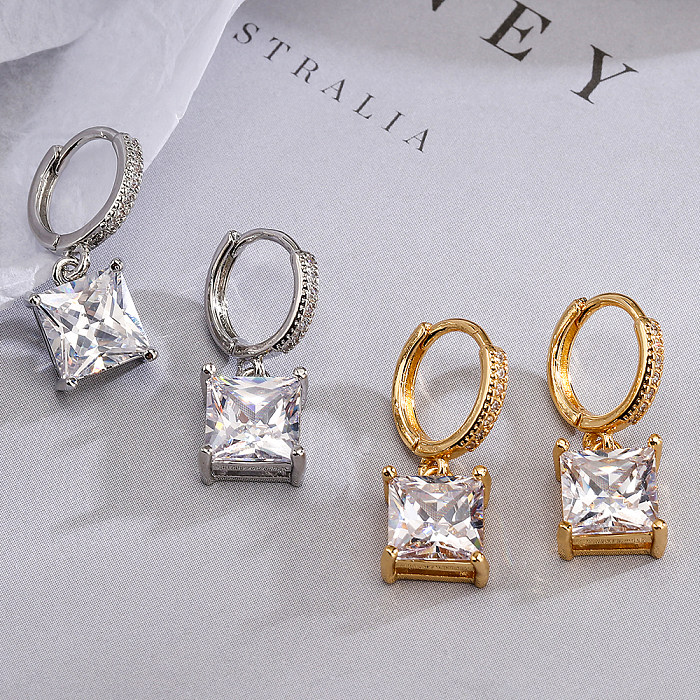 1 Pair Simple Style Commute Square Plating Inlay Copper Zircon 18K Gold Plated Drop Earrings