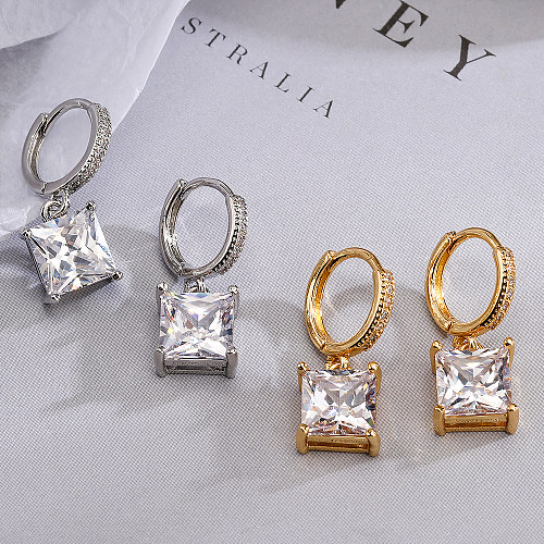 1 paire de boucles d'oreilles pendantes plaquées or 18 carats, Style Simple, incrustation de placage carré en cuivre et Zircon