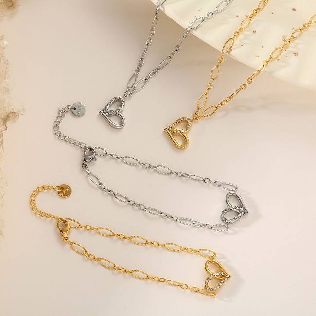 Simple Style Heart Shape Titanium Steel Inlay Rhinestones Bracelets Necklace