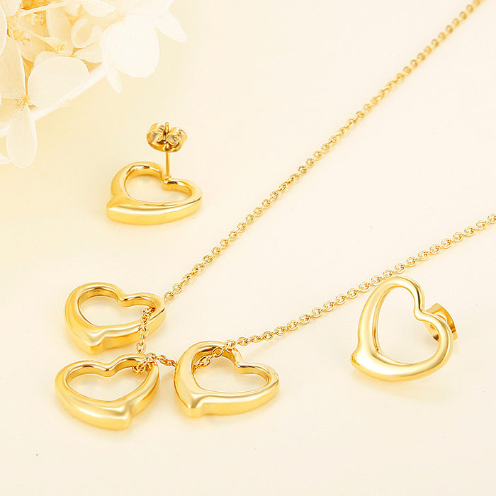 European And American New Stainless Steel Heart-shaped Peach Heart Necklace Earrings Jewelry Set