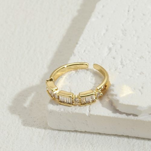 Simple Style Classic Style Rectangle Copper Asymmetrical Plating Inlay Zircon 14K Gold Plated Open Rings
