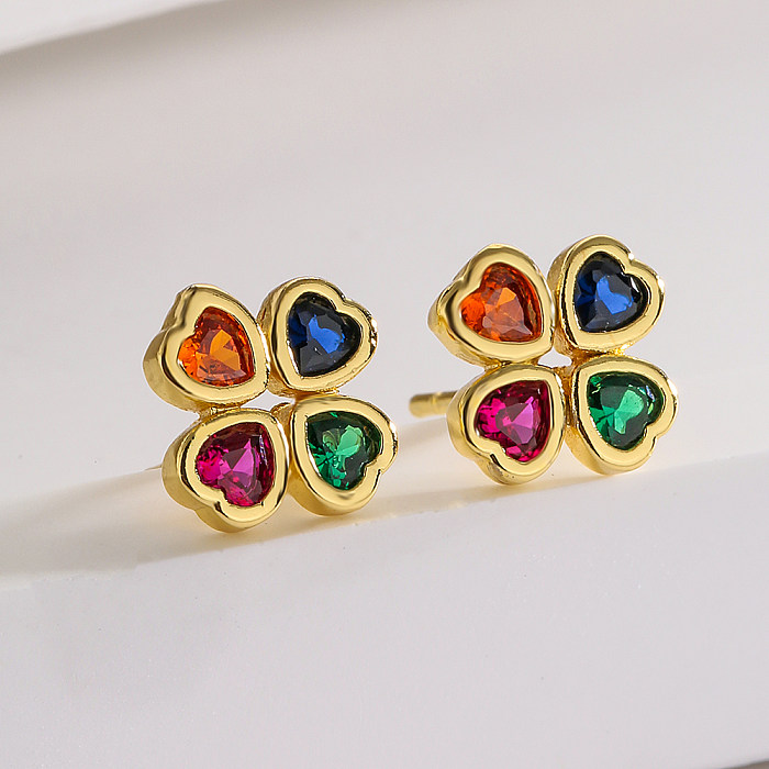 Fashion Four Leaf Clover Dragonfly Copper Gold Plated Zircon Ear Studs 1 Pair