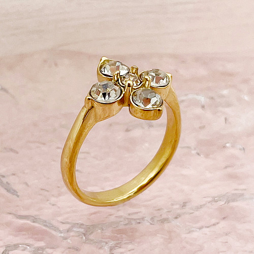 Anéis banhados a ouro de zircônia com revestimento de aço inoxidável de pétala clássica estilo nórdico