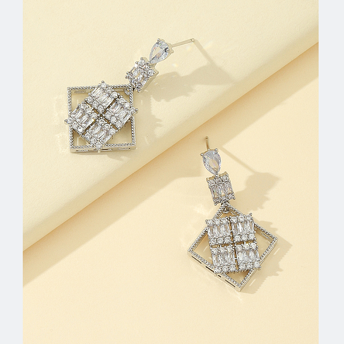 1 Pair Exaggerated Simple Style Rhombus Plating Inlay Copper Zircon White Gold Plated Drop Earrings