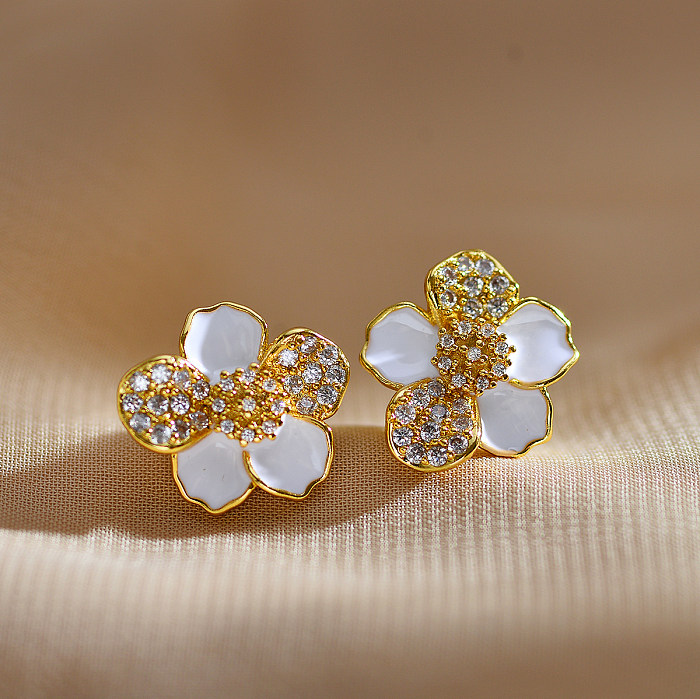Elegante süße Blumen-Kupfer-Inlay-Zirkon-Ohrring-Halskette