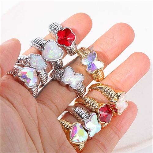 IG Style Heart Shape Butterfly Copper Plating Inlay Artificial Gemstones 14K Gold Plated Rings