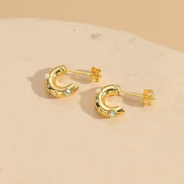 1 Pair IG Style Simple Style C Shape Eye Plating Inlay Copper Artificial Gemstones Zircon 14K Gold Plated Earrings