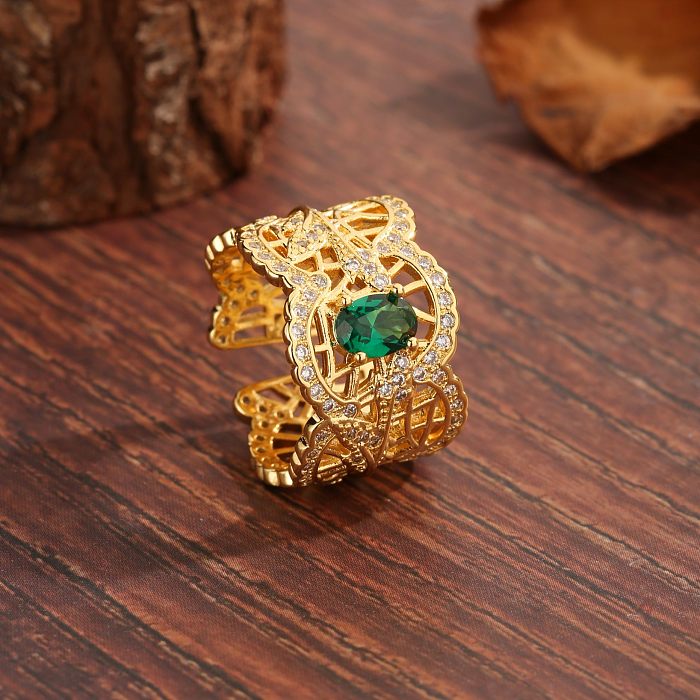 Glam estilo vintage luxuoso revestimento de cobre geométrico oco incrustação de zircão anéis abertos banhados a ouro 18K