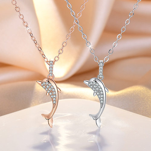 Cute Dolphin Copper Inlay Zircon Pendant Necklace