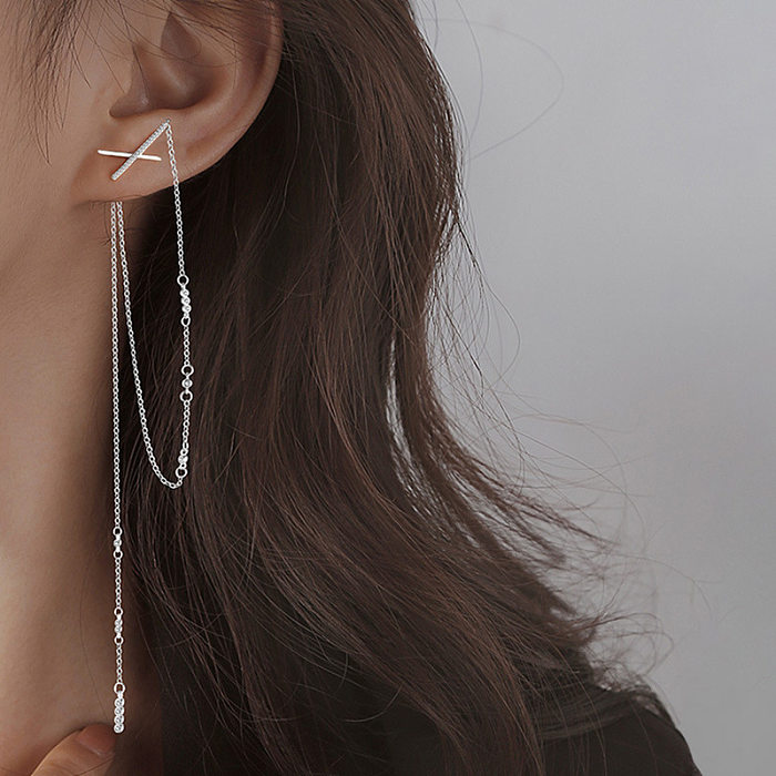 أزياء خط الأذن الإناث عبر خط الأذن الأقراط الفضية شرابة طويلة بالجملة
