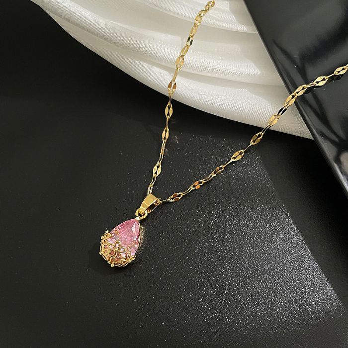 Casual Simple Style Water Droplets Titanium Steel Copper Plating Inlay Zircon Pendant Necklace