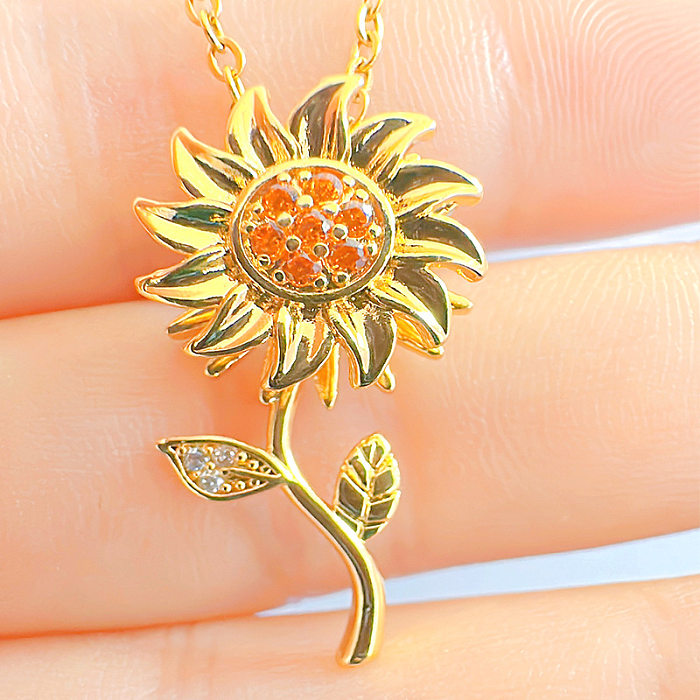 Elegant Sunflower Copper Plating Inlay Zircon 18K Gold Plated Pendant Necklace