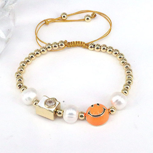 Cute Round Smiley Face Copper Enamel Pearl Inlay Zircon Bracelets 1 Piece