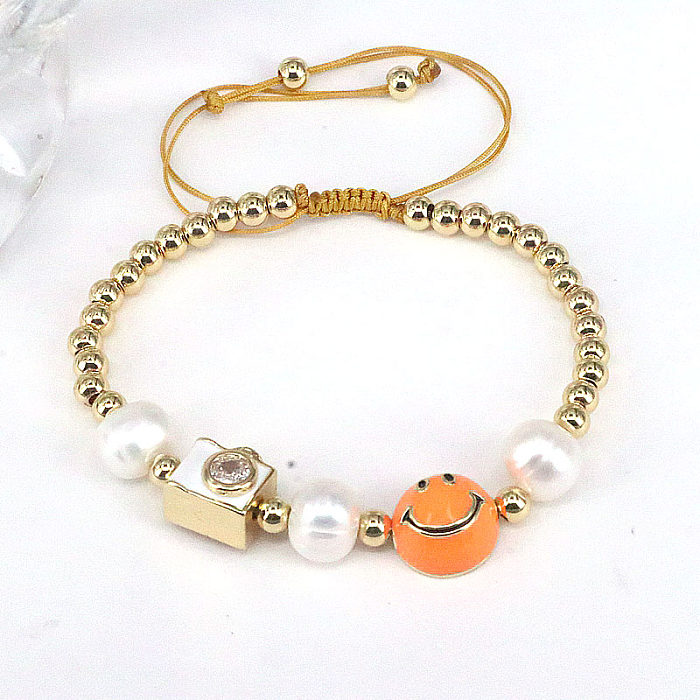 Cute Round Smiley Face Copper Enamel Pearl Inlay Zircon Bracelets 1 Piece