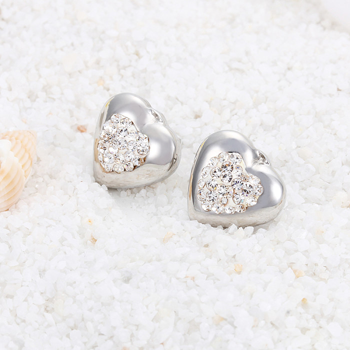 Sweet Heart Shape Titanium Steel Plating Inlay Rhinestones 18K Gold Plated Earrings Necklace