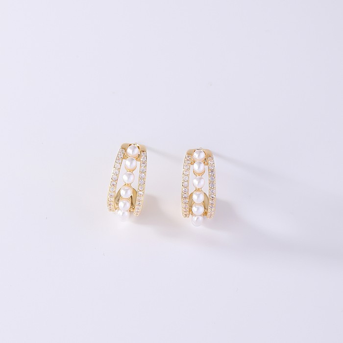 1 Pair Casual Simple Style Shiny Irregular Flower Inlay Copper Freshwater Pearl Zircon Ear Studs