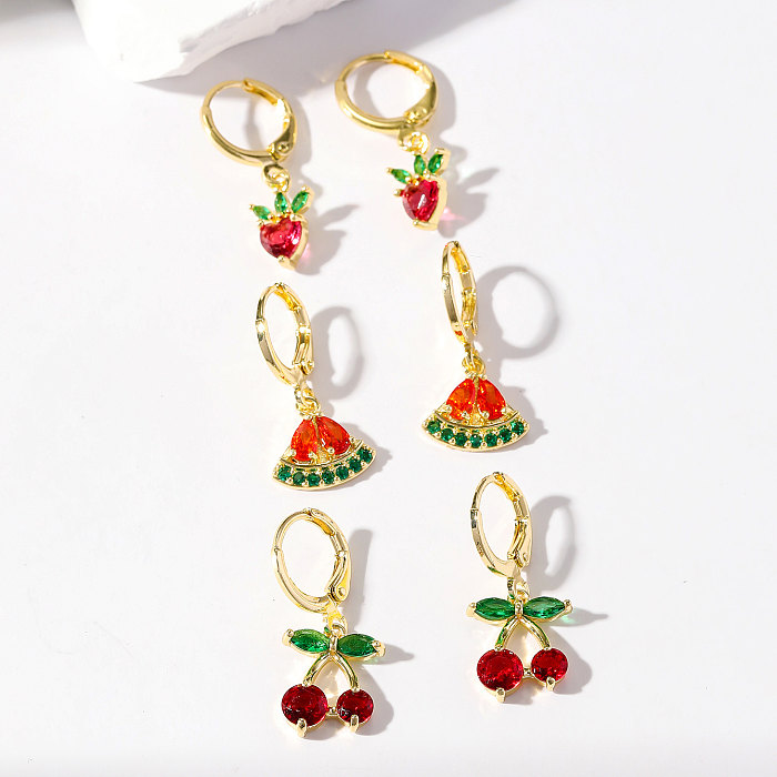 3 Pairs Sweet Fruit Plating Inlay Copper Zircon Gold Plated Drop Earrings