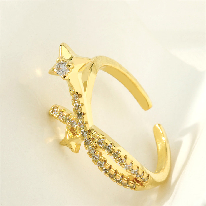 Simple Style Star Lines Copper Plating Inlay Zircon 18K Gold Plated Open Rings