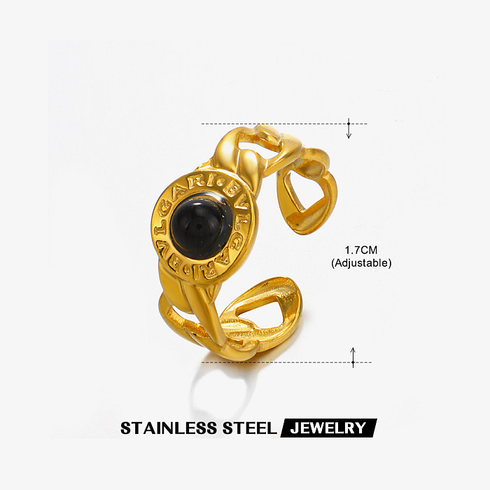 Correntes de estilo romano com estampa de revestimento de aço inoxidável, incrustação turquesa obsidiana, anéis abertos banhados a ouro 18K