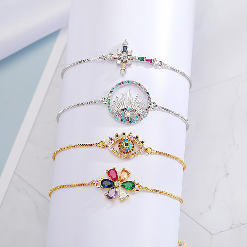 Fashion Colorful Zircon Eye Religious Simple Flower Cross Adjustable Copper Bracelet