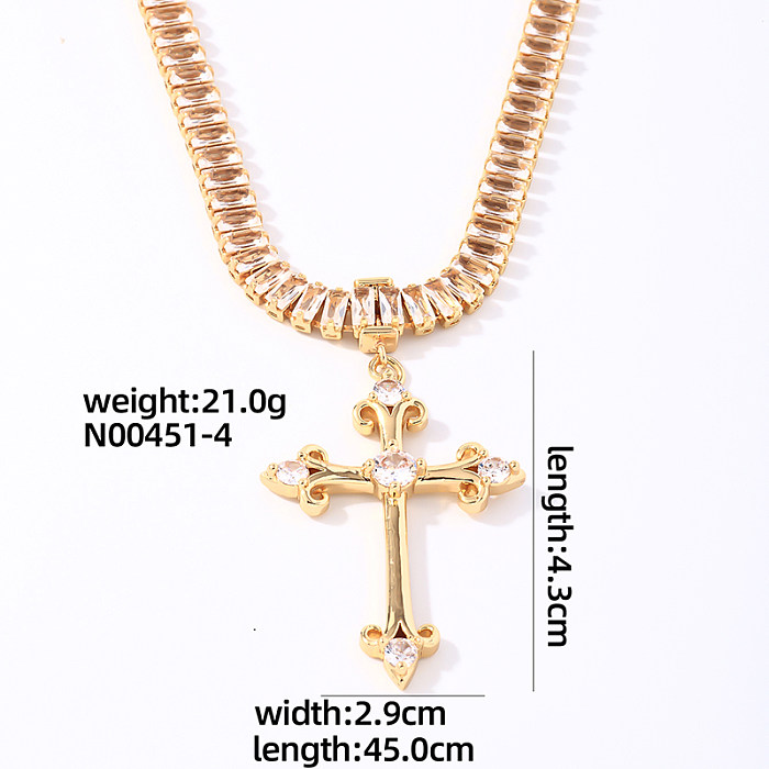 Glam Shiny Cross Rectangle Copper Plating Inlay Zircon Gold Plated Pendant Necklace