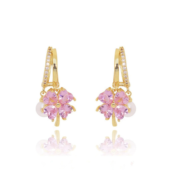 1 Pair Elegant Sweet Flower Inlay Copper Zircon Drop Earrings