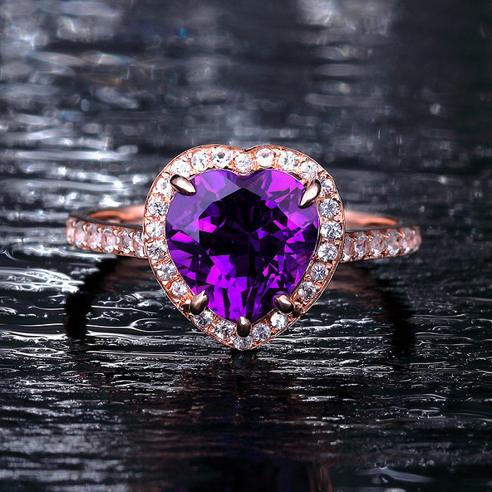 Moda coração forma chapeamento de cobre incrustação de pedras preciosas artificiais anéis 1 peça