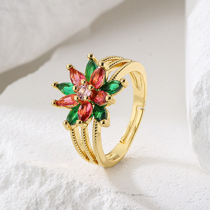 Offener Ring aus Kupfer mit Blatt- und Blumenmotiv, vergoldet, Zirkon-Kupferringe