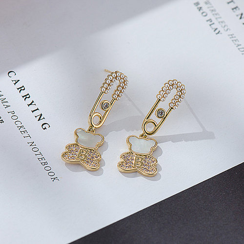 Boucles d'oreilles pendantes en forme d'ours et de lettres brillantes, 1 paire, incrustation de perles en cuivre et Zircon plaqué or 18 carats