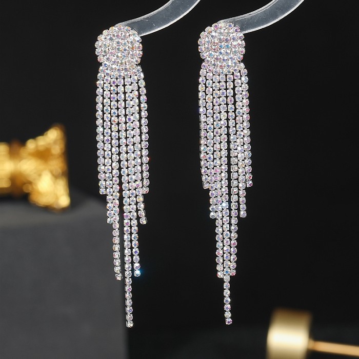 1 Pair Simple Style Solid Color Rhinestone Copper Silver Plated Drop Earrings