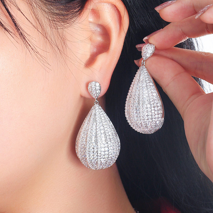 1 Pair Glam Oversized Shiny Water Droplets Hot Air Balloon Plating Inlay Copper Zircon Rhodium Plated Drop Earrings