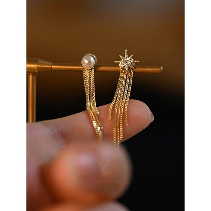 1 Pair Retro Tassel Plating Inlay Copper Artificial Gemstones Drop Earrings