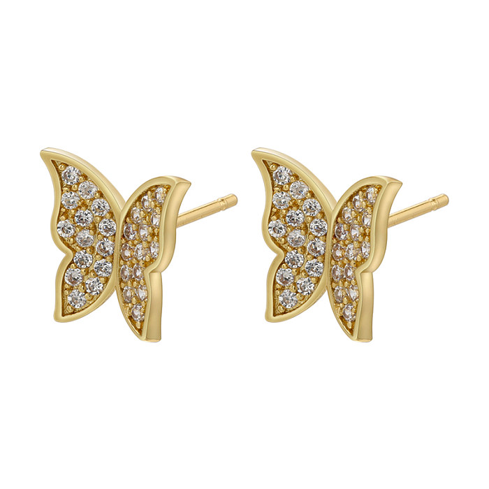 1 Pair Elegant Butterfly Copper Plating Inlay Zircon 18K Gold Plated Ear Studs