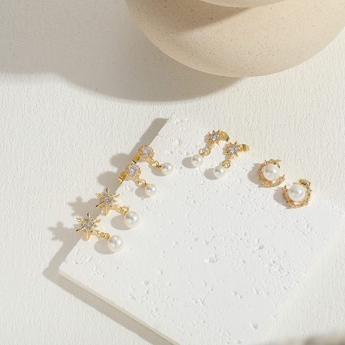 1 par de pendientes colgantes chapados en oro de 14 quilates con incrustaciones asimétricas de estrella de estilo clásico con circonita y perlas de cobre
