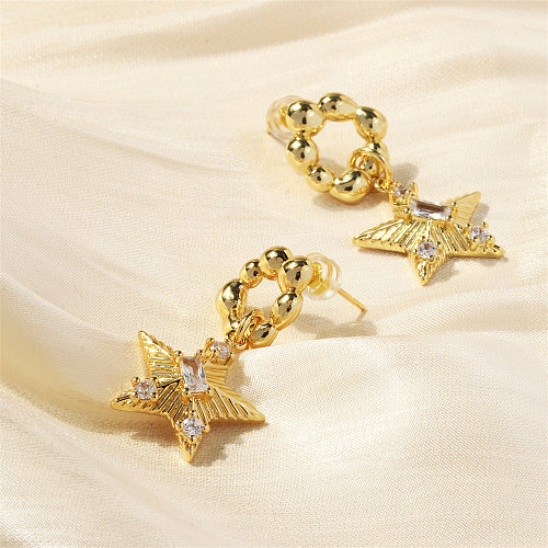 1 paire de boucles d'oreilles pentagramme en forme de cœur, Style Simple et élégant, incrustation de cuivre et de Zircon plaqué or 18 carats