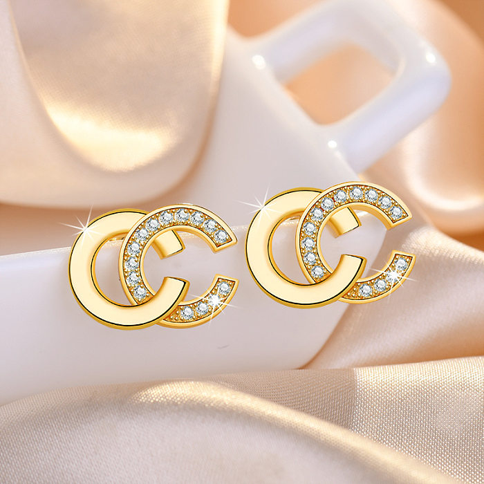 Simple Style Letter Copper Gold Plated Rhinestones Ear Studs 1 Pair