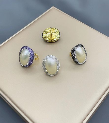 Bagues ovales rétro en cuivre avec incrustation de perles et de diamants