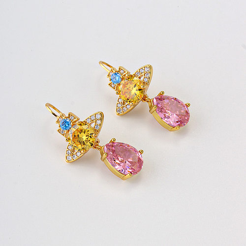 1 paire de boucles d'oreilles élégantes en cuivre et Zircon avec incrustation géométrique pour femme