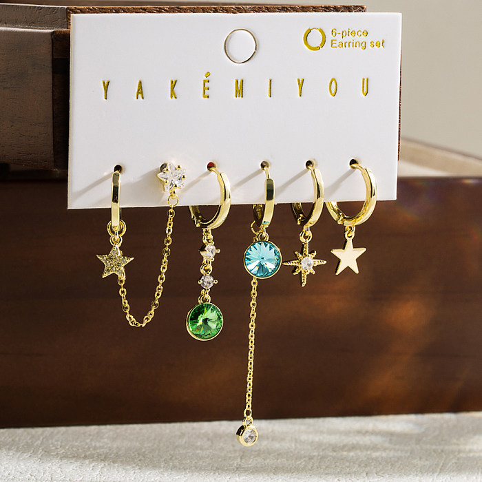 1 Set Yakemiyou Sweet Simple Style Pentagram Round Flower Tassel Copper Artificial Pearls Zircon 14K Gold Plated Earrings