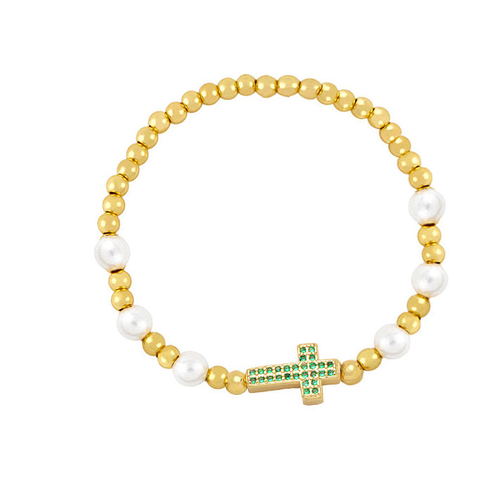 Fashion Cross Copper Bracelets Beaded Pearl Gold Plated Zircon Copper Bracelets