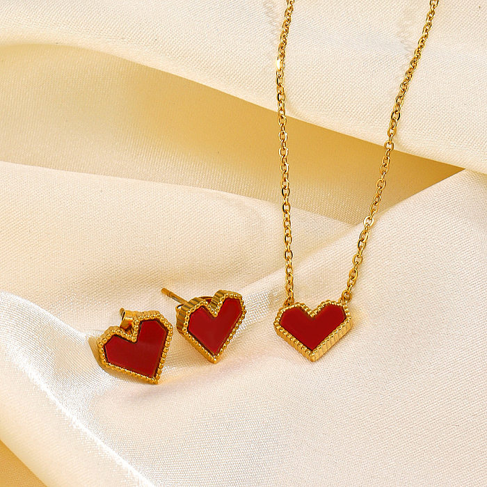 IG Style Simple Style Heart Shape Stainless Steel Plating Inlay Artificial Gemstones 18K Gold Plated Earrings Necklace