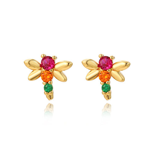 1 Pair Simple Style Dragonfly Plating Inlay Brass Zircon Gold Plated Earrings