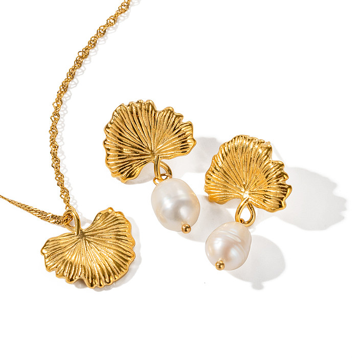 Elegante Retro-Ohrring-Halskette mit Ginkgo-Blatt-Edelstahl-Imitat-Perlenbeschichtung und 18-Karat-Vergoldung