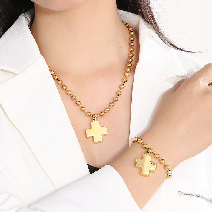 Casual Vacation Streetwear Cross Titanium Steel Plating 18K Gold Plated Bracelets Necklace