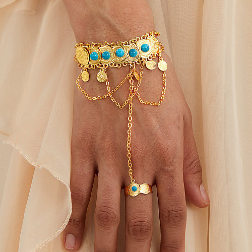Joyería étnica retro de moda Chapado en cobre Anillo de pulsera de doble capa de oro de 18 quilates Cadena integrada